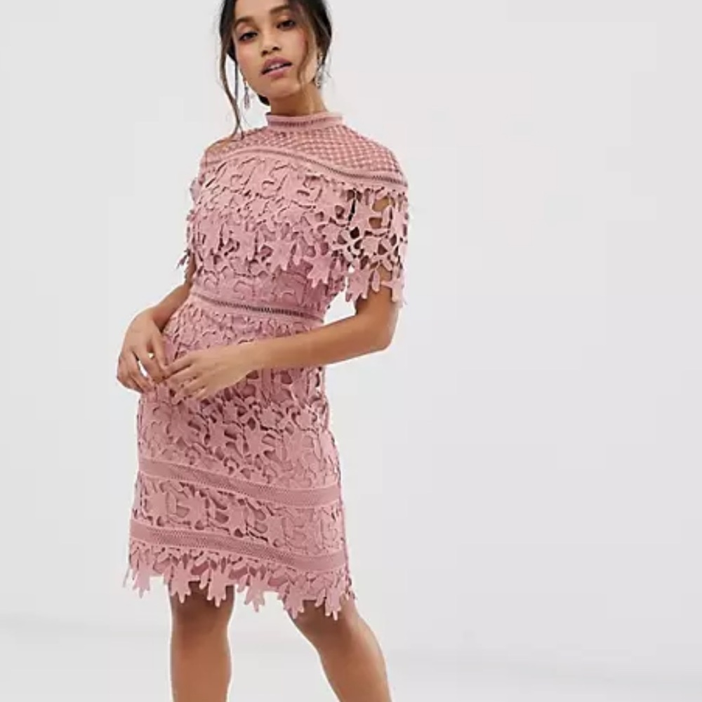 Chi Chi London Petite High Neck Lace Pencil Pink MIDI Dress Size 4